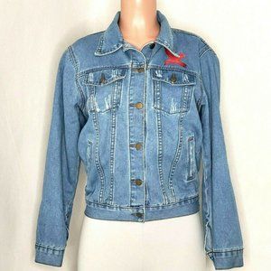 SSY Jeans Small ? Denim Distressed Jean Jacket Embroidered Red Flame X Punk